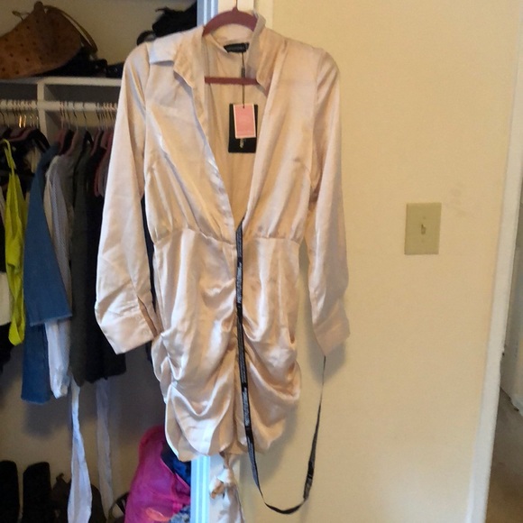 champagne satin ruched shirt dress